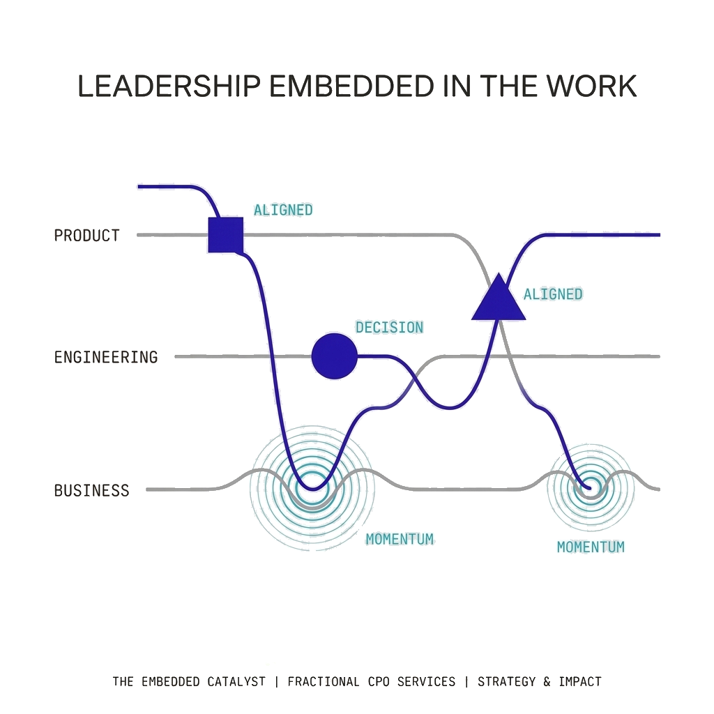 Diagram titled "Leadership Embedded in the Work" showing a connecting line moving between Product, Engineering, and Business tracks through aligned decision points, with momentum ripples at two points of business impact.