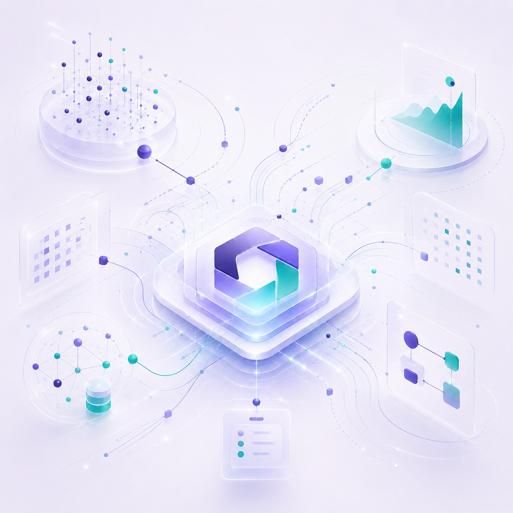 Isometric illustration of a central AI hub connected to data, analytics, and workflow modules, representing an integrated AI-enabled product system.